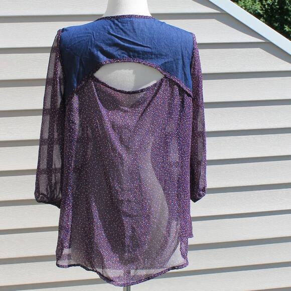 Lily Rose Women's Blouse Denim & Sheer Prairie Cottage Country Indie - Picture 7 of 13